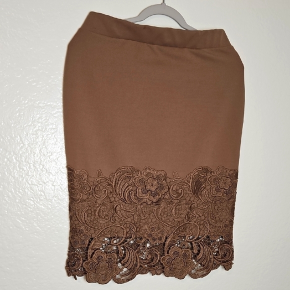 Olive + Blu Brown Lace Hem Pencil Skirt Women’s Size L - Picture 1 of 5
